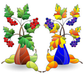 Naklejka premium A set of stained glass illustrations with still lifes, vases with branches and fruits isolated on a white background