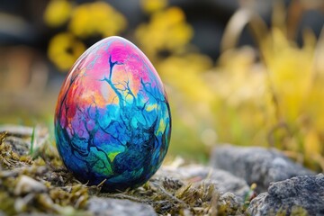 Colorful decorated egg placed on moss with vibrant natural background during springtime