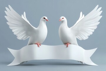 Obraz premium Two white doves spreading wings with a white banner in between