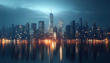 Obraz premium A captivating view of a modern city skyline at night, reflected in the calm water.