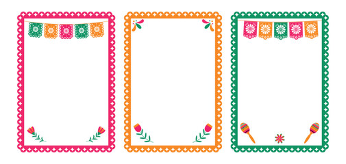 Set of vector frames with festive flags, flowers and maracas. Mexican fiesta - festive frame, social media story. Design element for banner, poster.