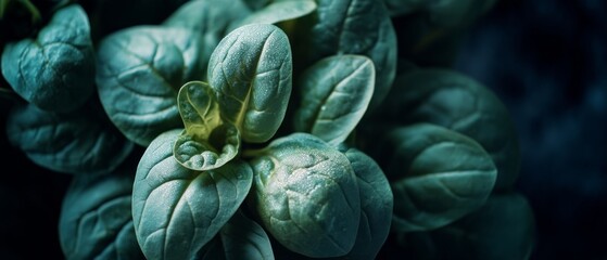Obraz premium Close-up of lush green leaves with water droplets, showcasing the freshness and natural vitality of the plant.