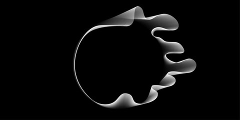 Abstract round frame with wavy halftone gradient lines.  Abstract flowing white lines forming a dynamic, organic shape against a stark black background with copy space 