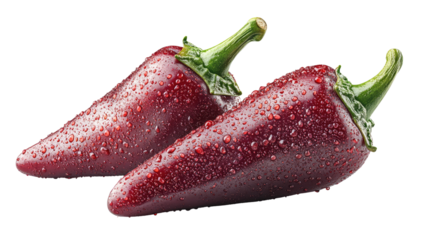 Fiery Red Chili Peppers: Two vibrant red chili peppers, glistening with fresh droplets, sit ready for culinary exploration, exuding a sense of heat and flavor.