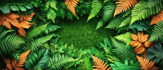 Ferns and greenery frame a circle of dense moss in a lush and vibrant composition