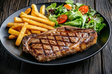 A Delicious Grilled Steak Served With Fries And Salad