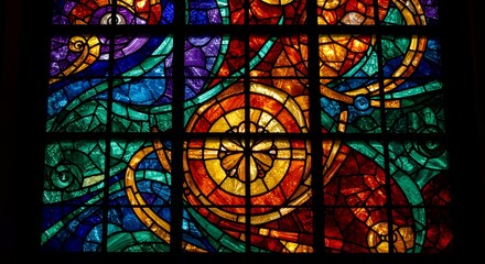 Colorful stained glass window featuring geometric designs and vibrant hues