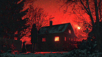 A woman and her dog stand before a glowing house under a blood-red winter sky.
