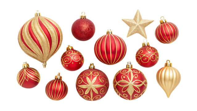 red and gold christmas tree decoration baubles on on white background PNG. AI GENERATED
