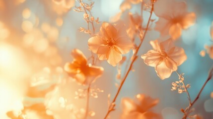 Peach blossoms backlit sunset garden spring bokeh background