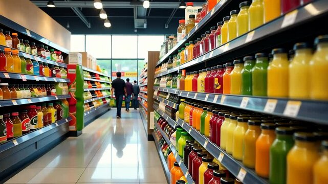 Colorful juice bottles neatly arranged on grocery store shelves, realistic photography style, indoor supermarket background, concept of retail shopping