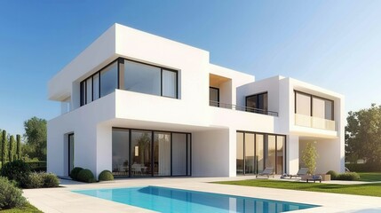 Modern minimalist house with swimming pool and sunny landscape