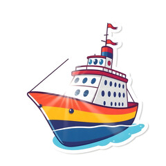 Obraz premium Abstract vector kawaii style ship sticker with bright lens flare contrasting colors and contour lines set against a big white background art illustration design