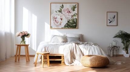 Bright bedroom with comfy bed and floral art