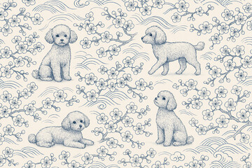 Obraz premium vintage toile pattern with poodle dogs and sakura cherry blossoms in traditional japanese style