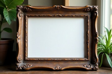 Dark brown wooden picture frame, distressed look , decoration, shadowless