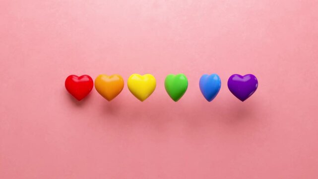 Happy Pride looped video with rainbow colored hearts on a pastel pink background and copy space. LGBTQIA+ Pride month and love diversity celebration in 3D animation