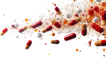 Medicine Burst: A vibrant burst of red and white capsules and tablets against a white background, capturing the energy and dynamism of pharmaceutical products. 