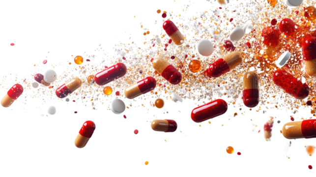 Medicine Burst: A vibrant burst of red and white capsules and tablets against a white background, capturing the energy and dynamism of pharmaceutical products. 