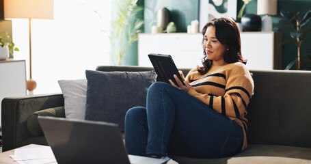 Tablet, remote work and woman in home online for accounting, budget review and bookkeeping. Digital...