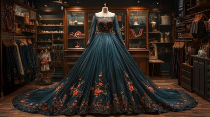 Luxurious teal gown with floral embroidery, displayed in a vintage-style boutique