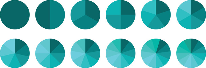 Pie chart set, segmented circle icons, circle diagram. Pie chart divided 1,2,3,4,5,6 equal parts. Color pizza or donut round diagram. Infographic wheel segment or sections parts. Vector illustration