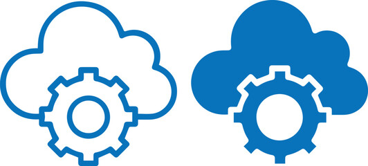 Cloud computing, gear icon, data processing, blue and white icons, technology symbols, cloud storage, cloud services, software integration