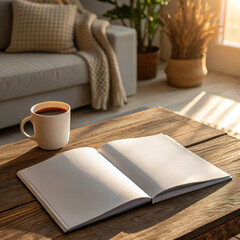 Open Blank Sketchbook with Coffee Cup on Wooden Table in Cozy Living Room for Design Inspiration, Creative Blogs, Lifestyle Websites, and Home Decor Ideas