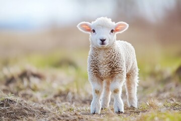 Obraz premium A young lamb standing in a field looking directly at the viewer