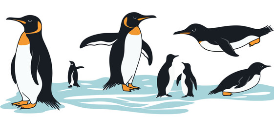 Vector illustration of emperor penguins on ice floe antarctic wildlife art
