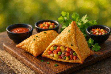 Vegetable Samosas with Dipping Sauce on Wood Board