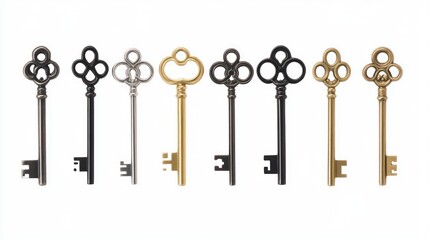 Antique keys, various finishes, studio shot, white background, security concept