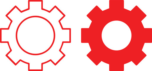 Red gear icon, white background, minimalist design, industrial symbol vector graphic, technical illustration, simple shapes  settings icon, configuration symbol, flat design