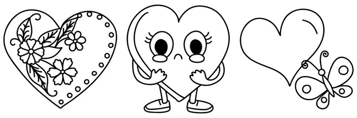 Colorful heart designs with flowers, cute character holding heart, and butterfly create joyful atmosphere