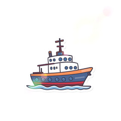 Fototapeta premium Abstract vector kawaii style ship sticker with bright lens flare contrasting colors and contour lines set against a big white background art illustration design