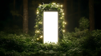 Obraz premium A luminous portal framed by greenery and fairy lights in a dark forest.