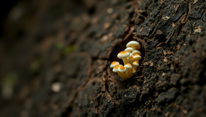 Closeup Of Small Mushrooms On Tree Bark