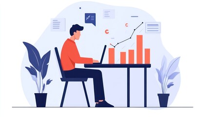 Man analyzing data growth on laptop at desk, office background, for report