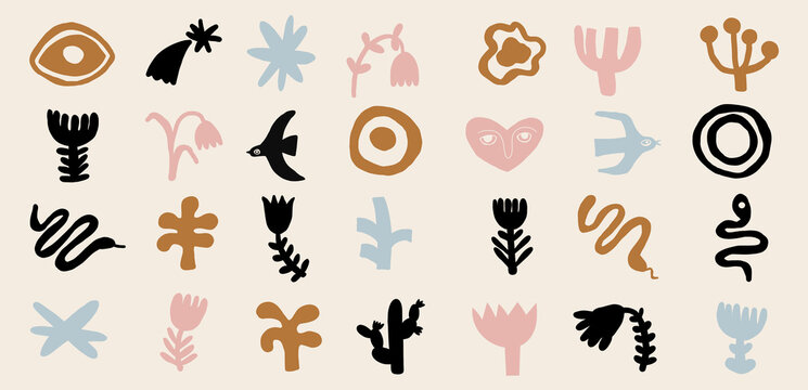 Hand drawn abstract curvy vector contemporary pastel beige shapes. Organic abstract forms in simple hand drawn style. Symbols, astrology elements for design. 