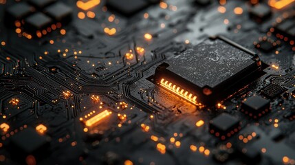 Intricate Circuit Board: A Close-Up View of  Electronic Components and Glowing Connections