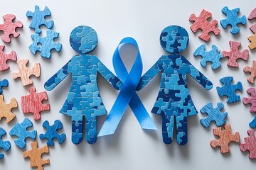 Puzzle People, Blue Ribbon, Colorful Jigsaw Pieces on White Background. Flat Lay Style