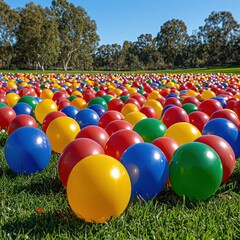 Vibrant Colorful Balls Scattered on a Lush Green Lawn Under a Sunny Sky