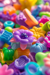 Obraz premium Vibrant pastel-colored educational toys for children, designed in the shapes of small flowers and sea creatures, promoting creativity and sensory play.