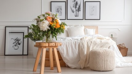 Bright bouquet on wooden stool in bedroom
