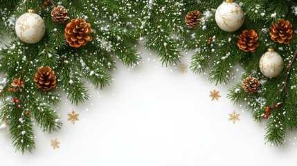 Festive Christmas Border with Snow-Covered Pine Branches, Ornaments, and Pinecones