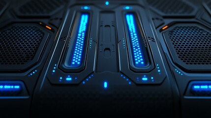 Futuristic tech panel with glowing blue lights and intricate design, perfect for sci-fi and innovation themes.