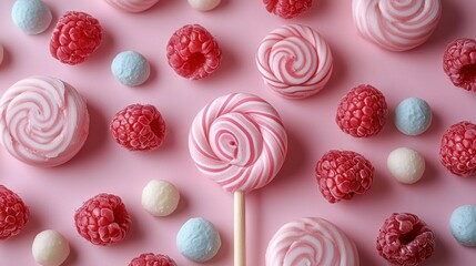 Pink Delight: Raspberries and Swirl Lollipops on a Pastel Background