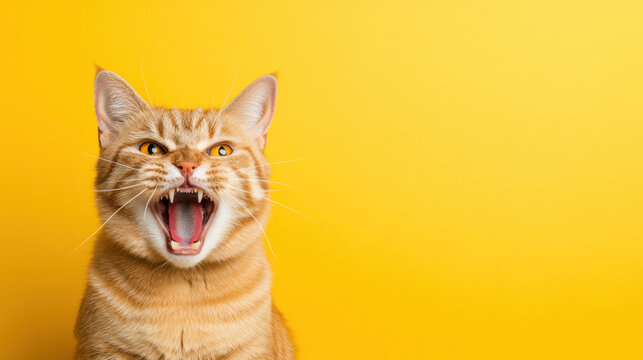 Animals with scary teeth, A fierce cat ready to pounce with bared teeth, showcasing its wild nature in high fidelity. - Powered by Adobe