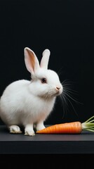 Photograph of a white rabbit sitting on a black surface. the rabbit is facing towards the right side of the image and is looking towards the left side. it has two large ears and a small nose.