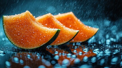 Juicy Melon Slices Under Summer Rain